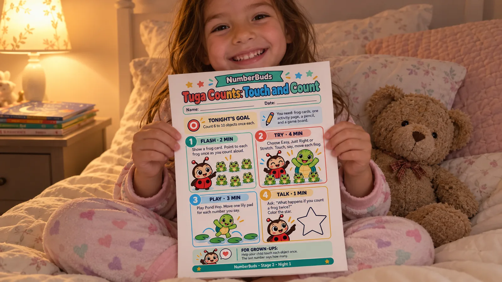 Girl in pajamas on her bed at bedtime holding up her NumberBuds Stage 2 lesson page next to a teddy bear