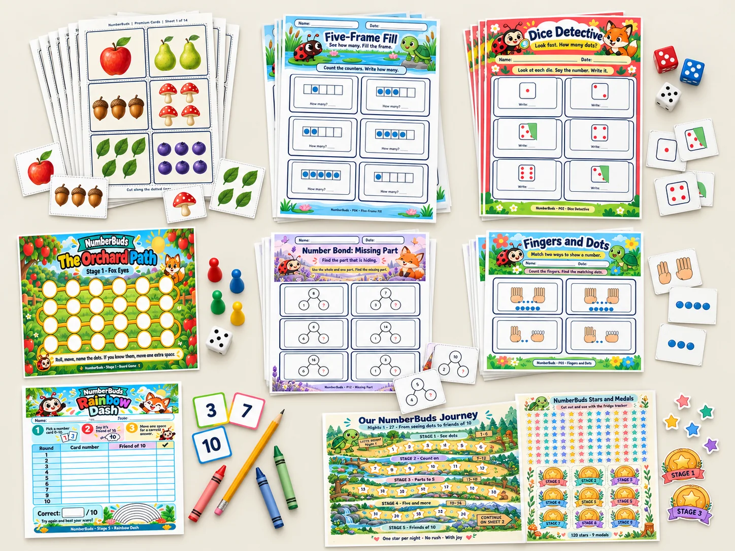 Top-down view of the NumberBuds bundle: dot cards, activity packs, dice detective, Orchard Path board game, number bonds, fingers and dots, Rainbow Dash, the journey map and the stars and medals sheet
