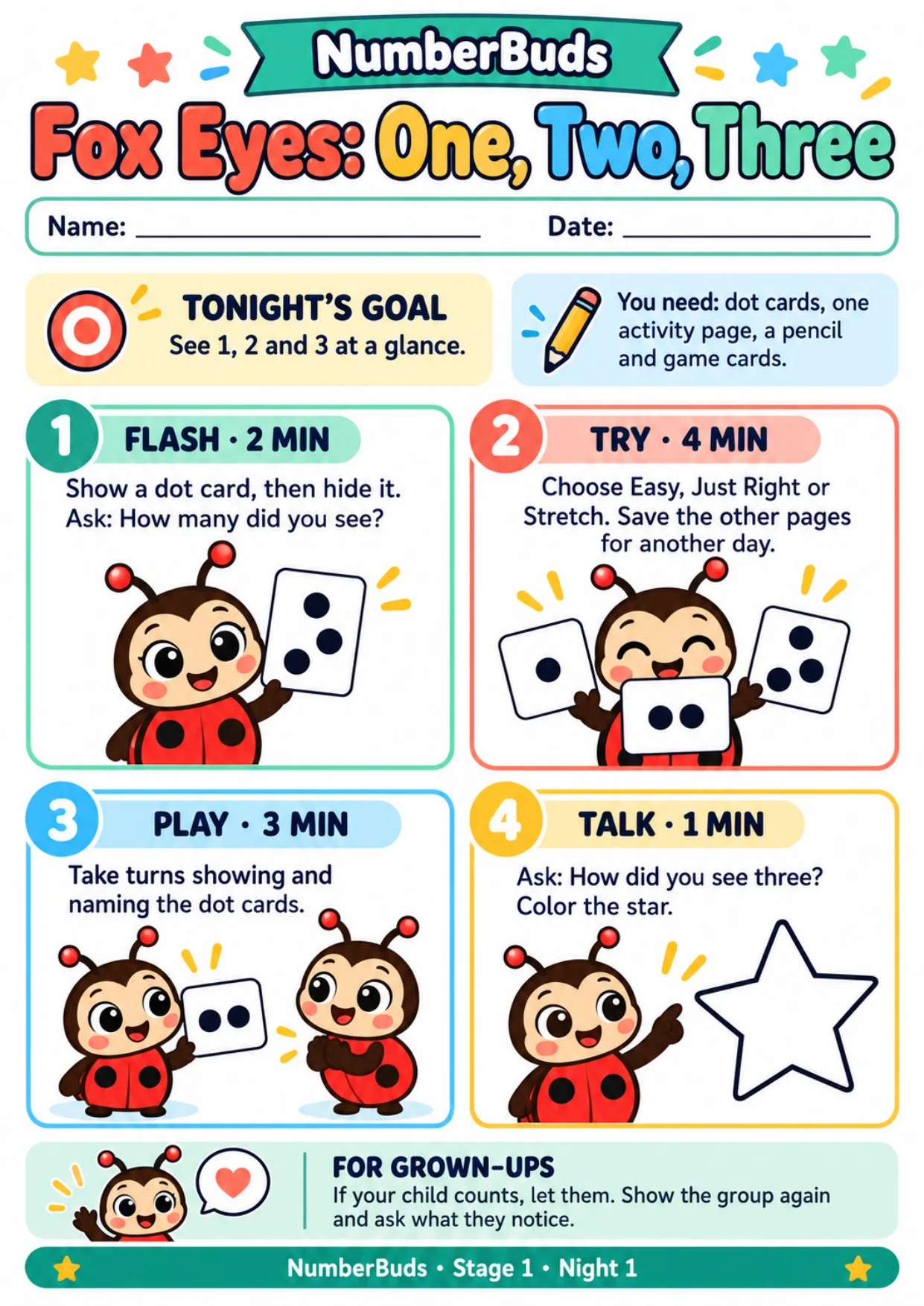 NumberBuds Stage 1, Night 1 lesson page with four numbered blocks: flash, try, play, talk