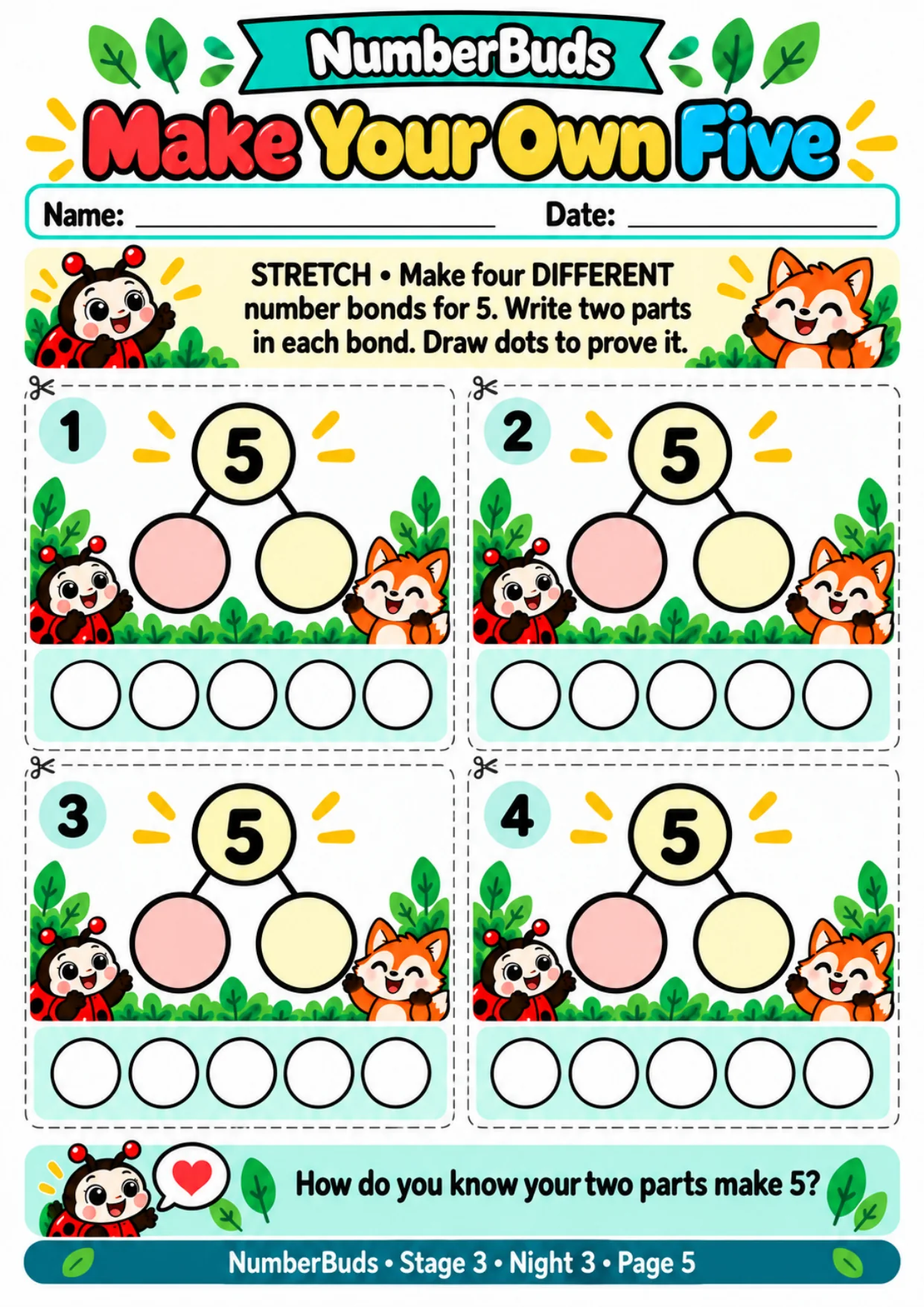 NumberBuds Stage 3 activity page, Make Your Own Five