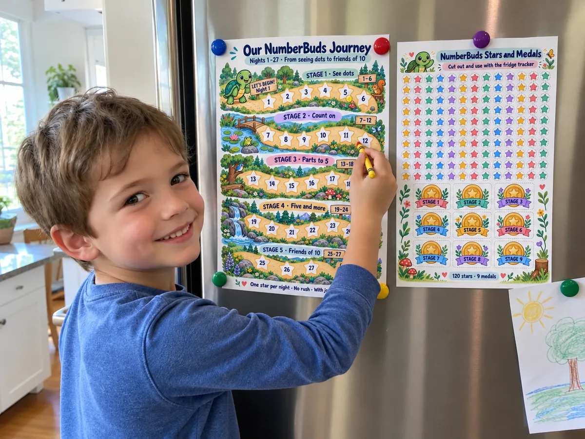 Boy coloring a star on the NumberBuds fridge chart