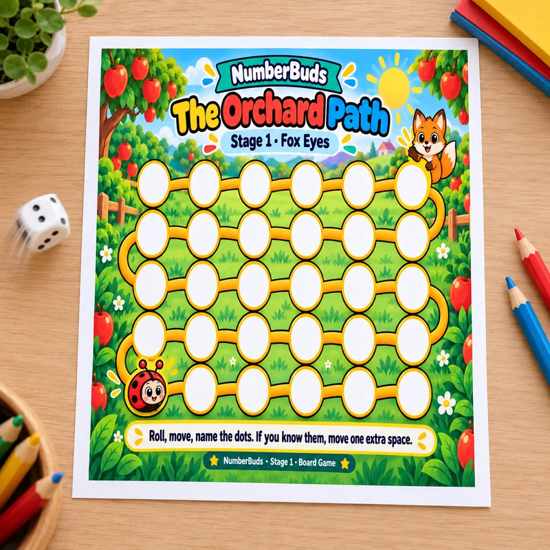 The Orchard Path printed board game with a die