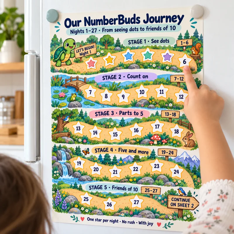 Child pointing at the NumberBuds journey chart on the fridge