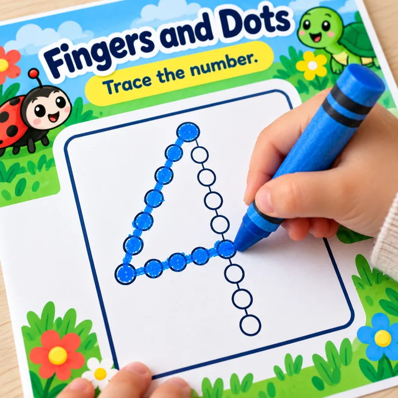 Child tracing a dotted 4 with a blue crayon