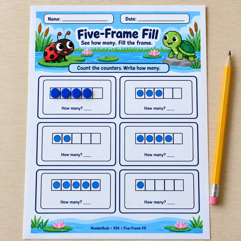Five-Frame Fill page with blue counters on the first frame